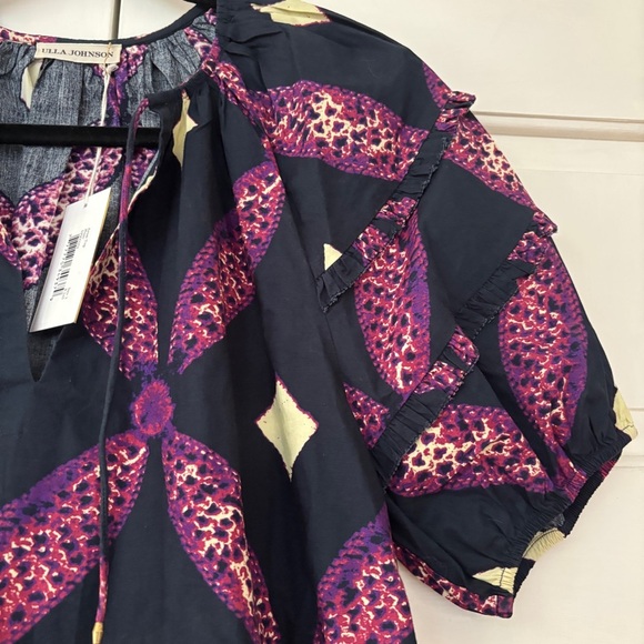 Ulla Johnson Arusi Top Plum Diamond‎ NEW Size 2 Cotton Poplin Ruffle Puff Sleeve - Picture 10 of 16